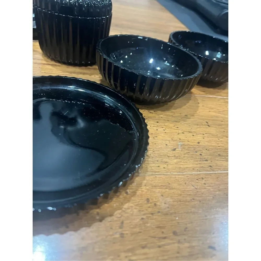 Vintage LE Smith Black Amethyst Ribbed Glass Bowl ,Dishes &Sugar Bowl